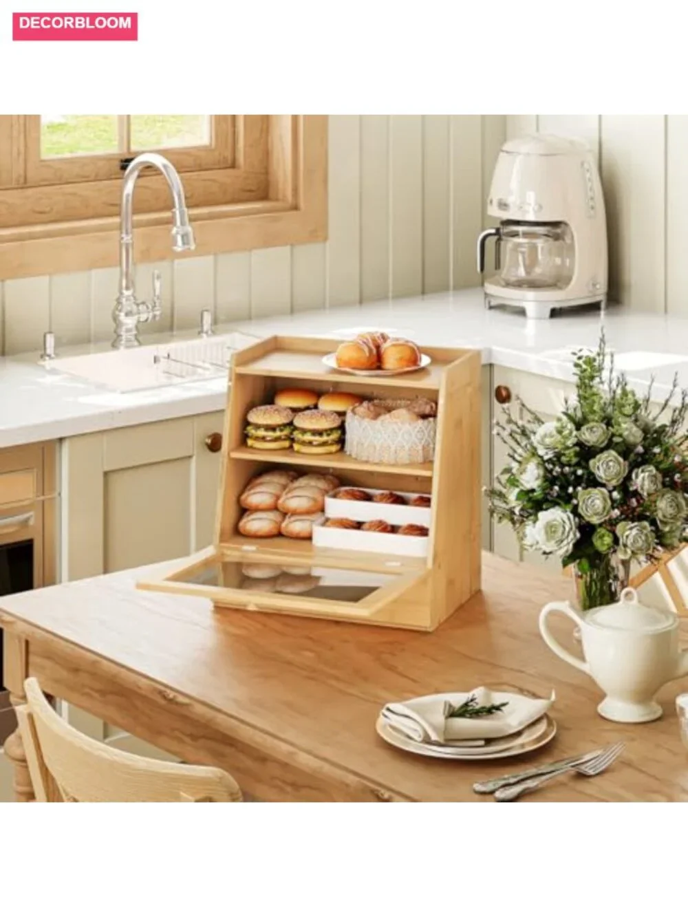 2-Tier Bamboo Bread Box with Acrylic Door and Drawer for Kitchen Countertop